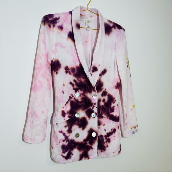 L*Space Tie Dye Women’s Collared Button Blazer Pink Purple White Floral Sleeve 6 - Picture 2 of 14